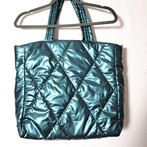 Victoria's Secret Tote Bag Large Quilted Puffer Teal Metallic Vacation Time
